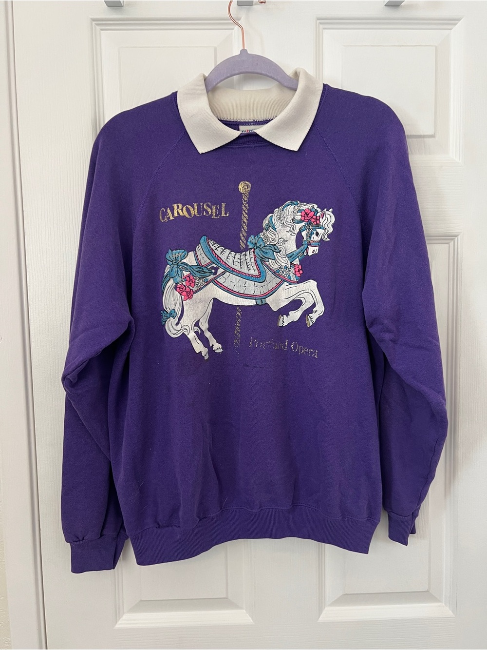 Hanes Purple Crewneck Sweater with White Polo Collar and Carousel Horse Graphic